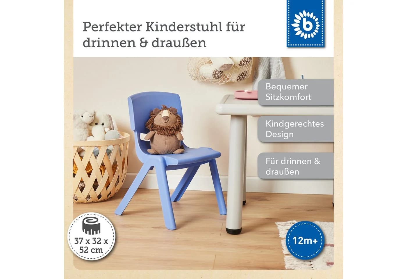 BIECO Kinderstuhl Blau Stapelbar & Kippsicher bis 80 kg