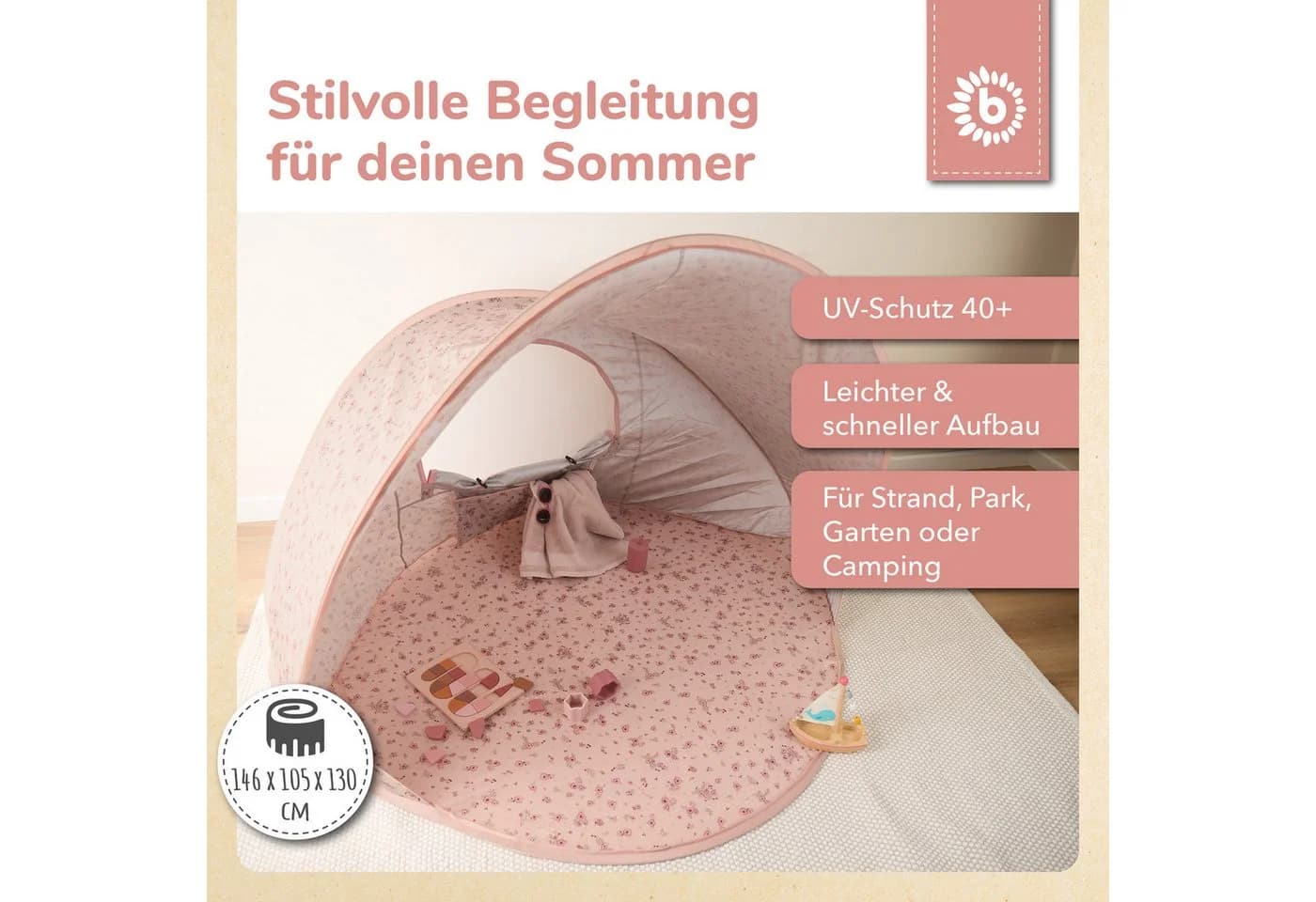 BIECO Pop-Up Strandmuschel Dreamy Flowers Rosa UV-Schutz 40+