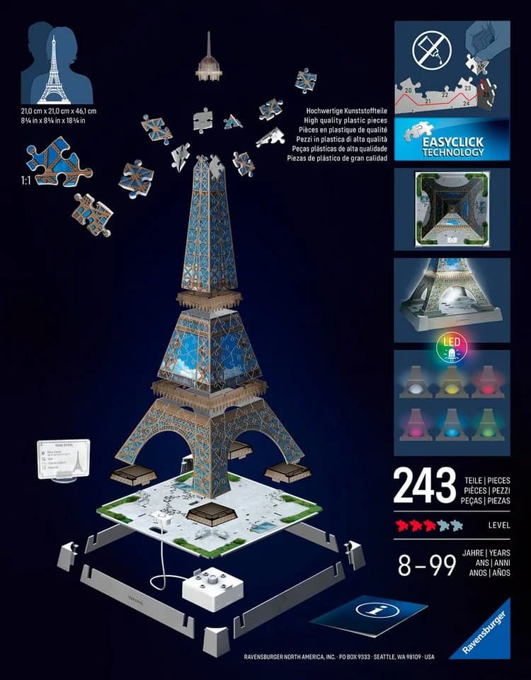 Ravensburger 3D-Puzzle Iconics: Eiffelturm mit Licht, 216 Teile
