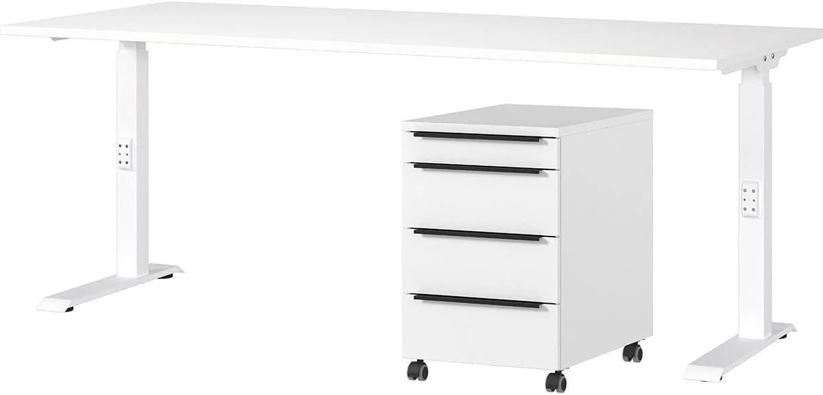 Büromöbel-Set GERMANIA Mailand Weiß höhenverstellbar mit Rollcontainer