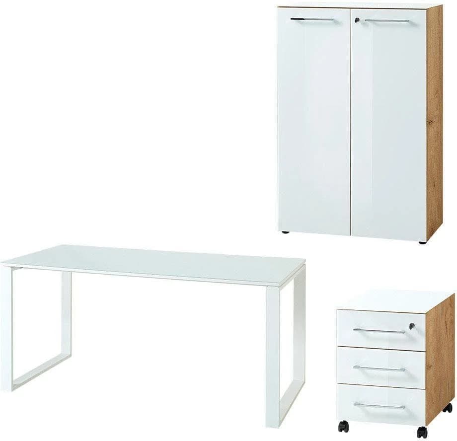 Büromöbel-Set GERMANIA GW-Monteria 3-tlg. Weiß Eiche Metall