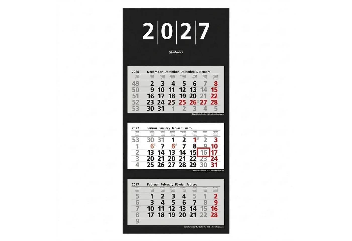 Herlitz 3-Monats-Wandkalender 2027 Rot/Schwarz