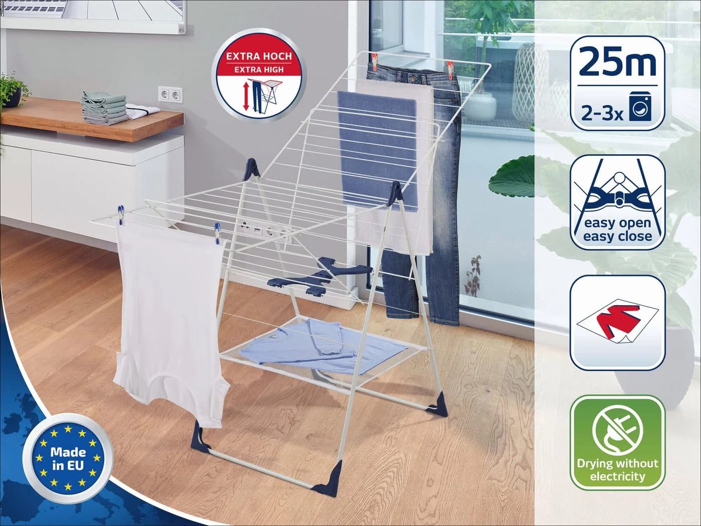 Leifheit Wäscheständer Classic 250 Flex Weiß/Blau 25m Trockenlänge