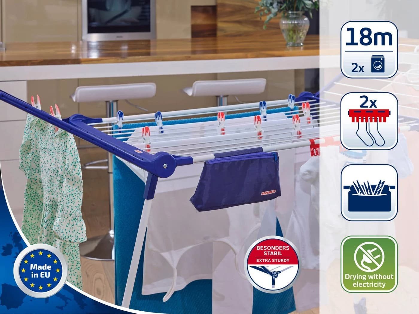 Leifheit Pegasus 180 Solid Plus Wäscheständer Weiß/Blau/Rot