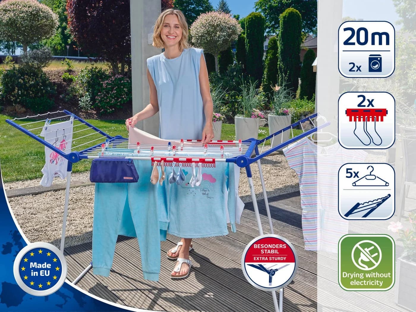 Leifheit Wäscheständer Pegasus 200 Solid Comfort Weiß/Blau/Rot