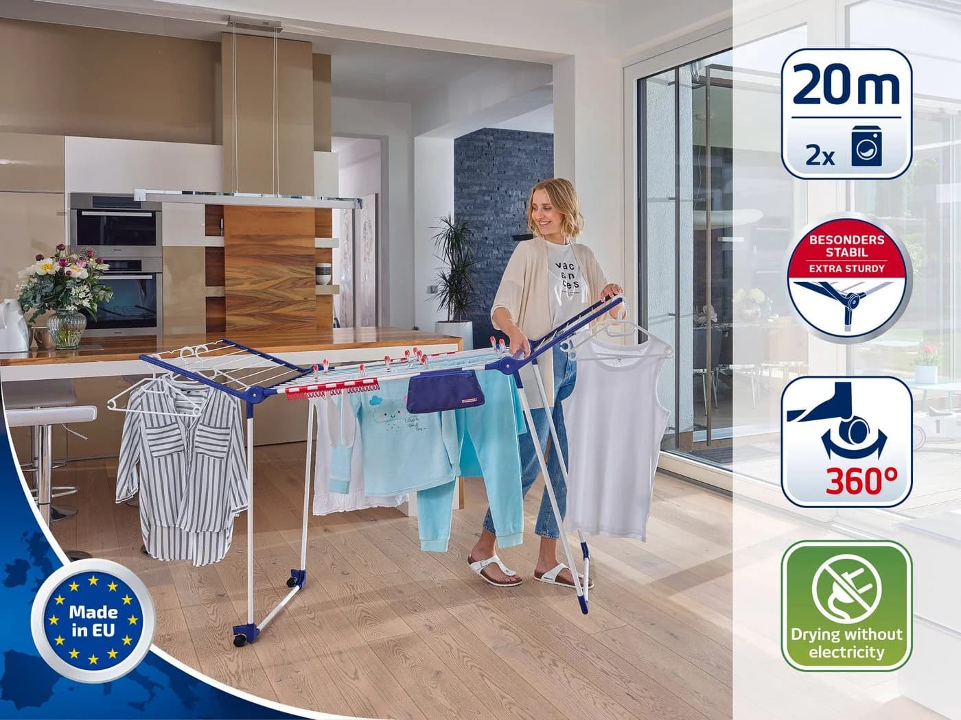 Leifheit Wäscheständer Pegasus 200 Solid Deluxe Mobile Weiß/Blau/Rot