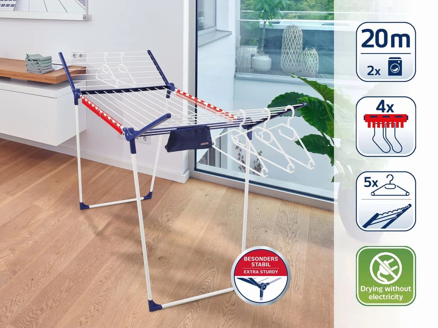 LEIFHEIT Pegasus 200 Wäscheständer Blau Weiß mit 20m Trockenlänge