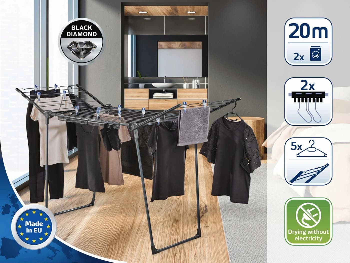 Leifheit Wäscheständer Pegasus 200 Solid Black 20m Trockenlänge