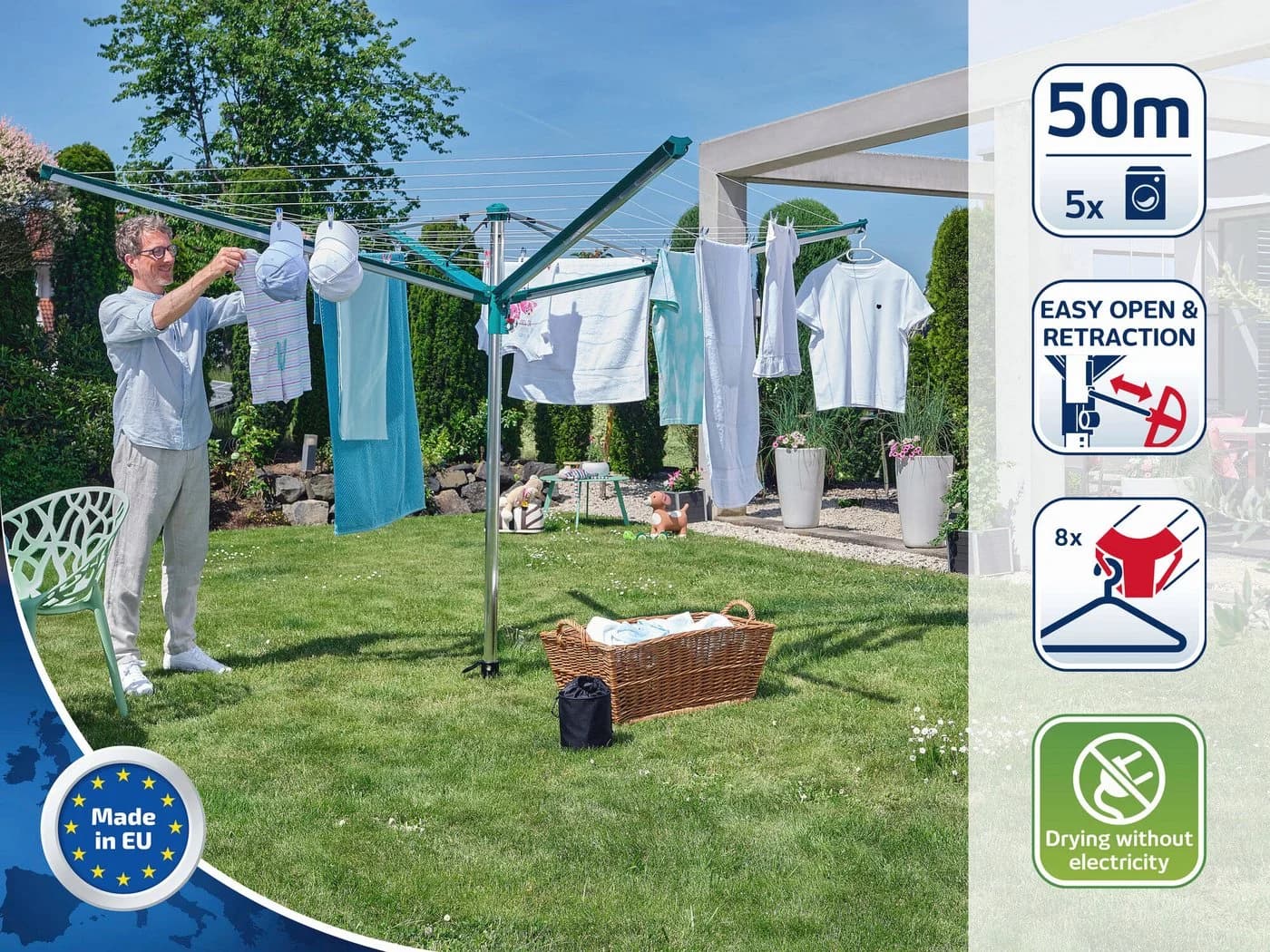 Leifheit Wäschespinne Linomatic 500 Deluxe, 50m Leinenlänge, Leinenautomatik, einfach öffnen, Leinen geschützt