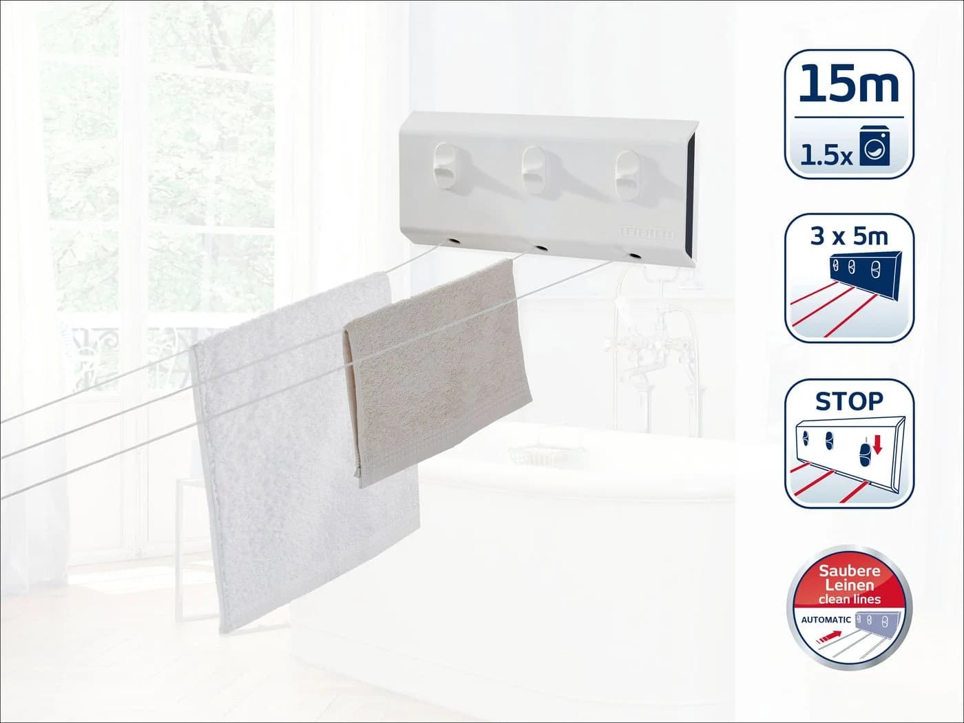 Leifheit Wand-Wäscheleine Rollfix 150 Triple Longline Weiß