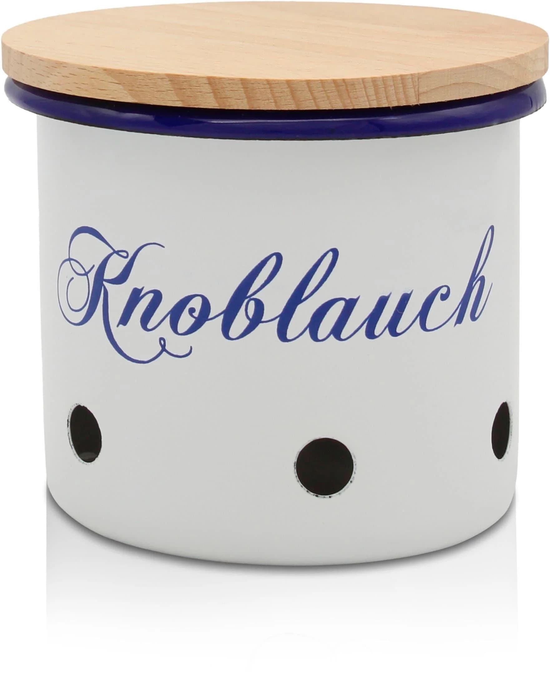 Vorratsdose KRÜGER Emaille Husum Knoblauch Holzdeckel 10 cm Blau