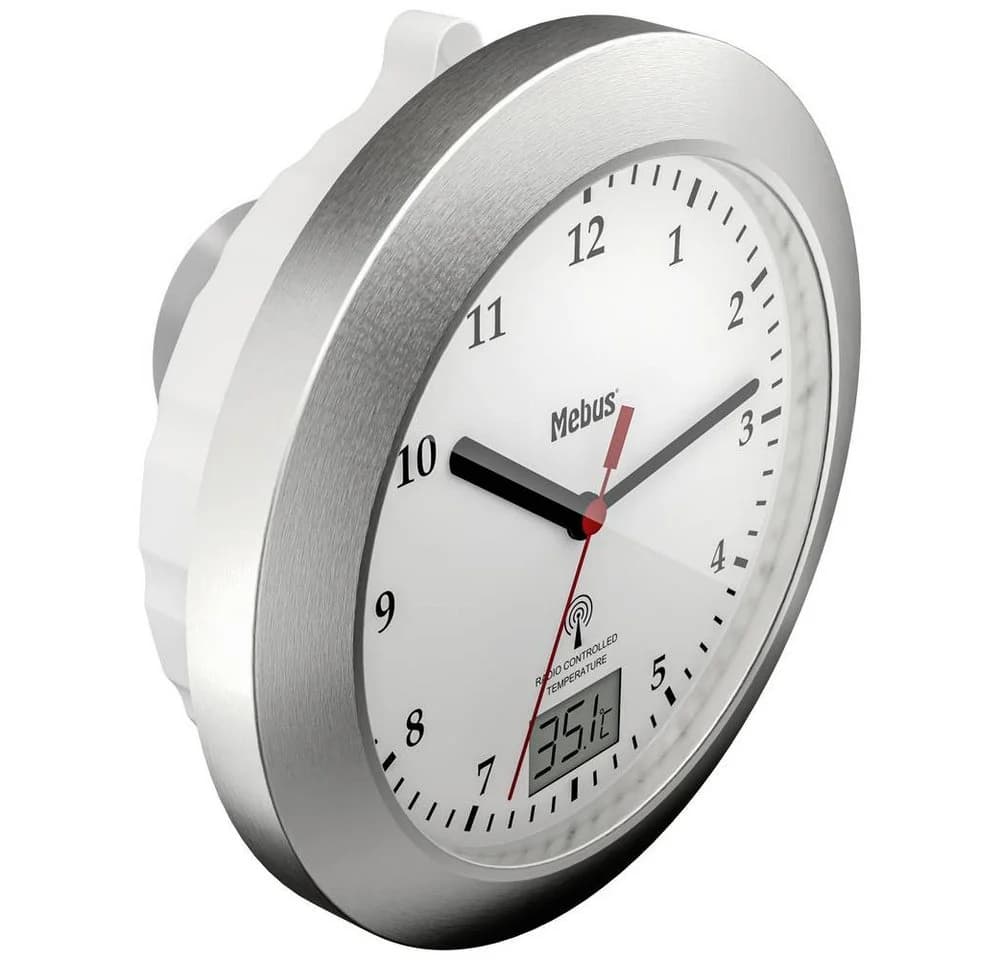 Mebus Funk-Wanduhr 41124 Weiß Schwarz Feuchtraumgeeignet mit Thermometer