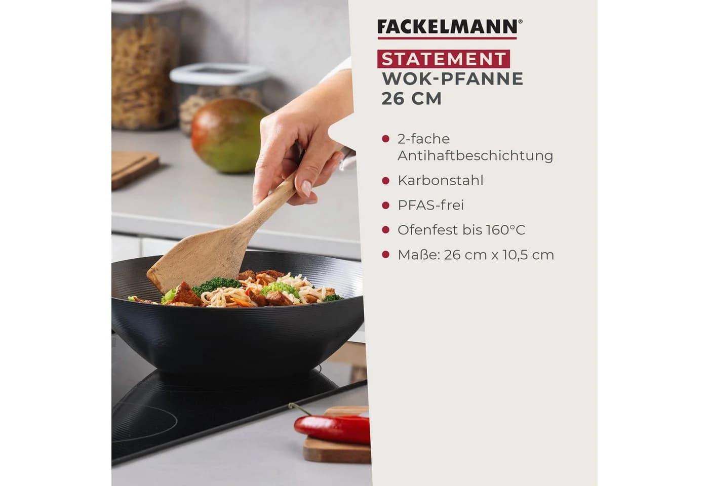 FACKELMANN Antihaft-Wokpfanne Karbonstahl Bambusgriff