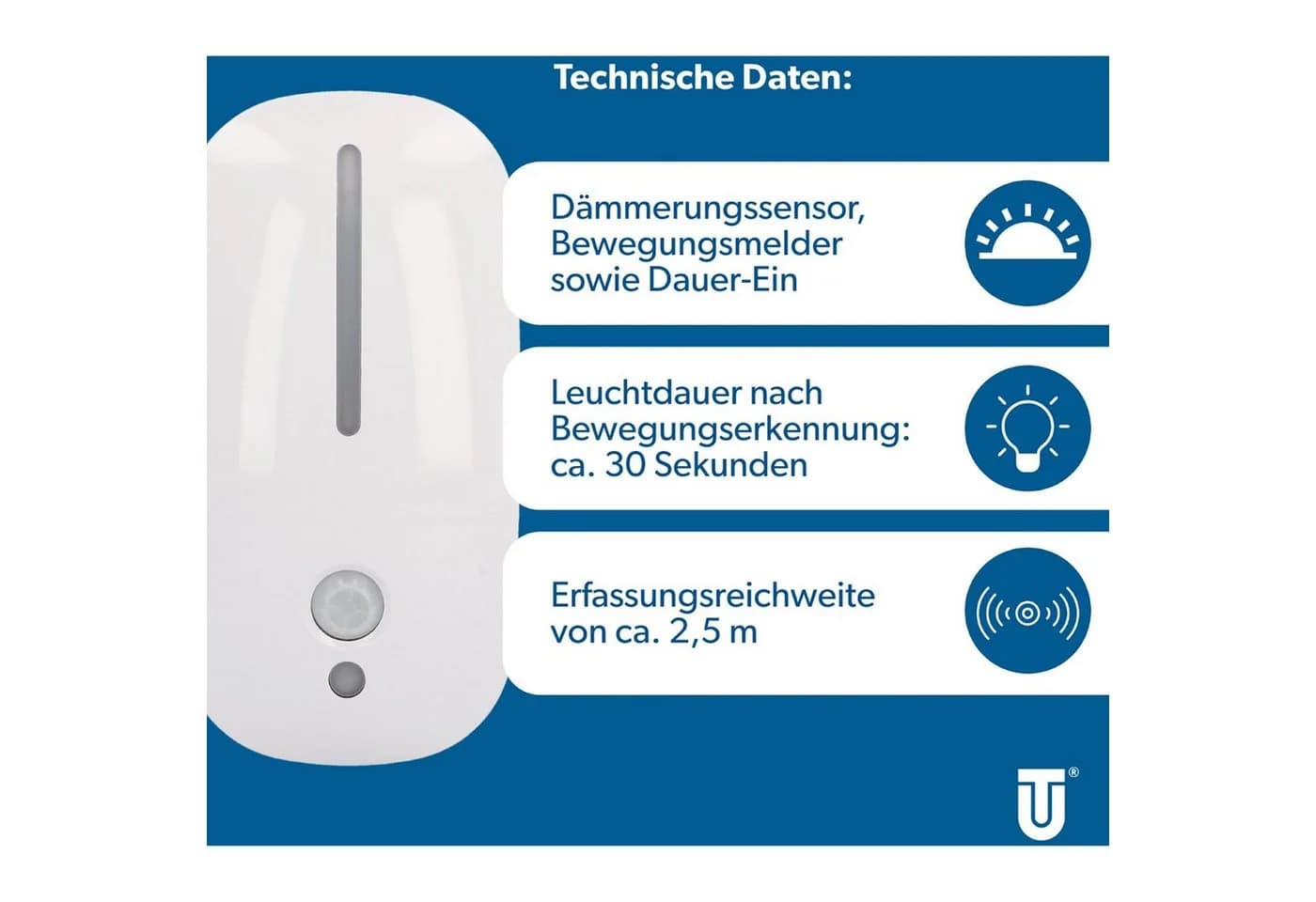 UNITEC LED Nachtlicht mit Bewegungsmelder und Dämmerungssensor Weiß