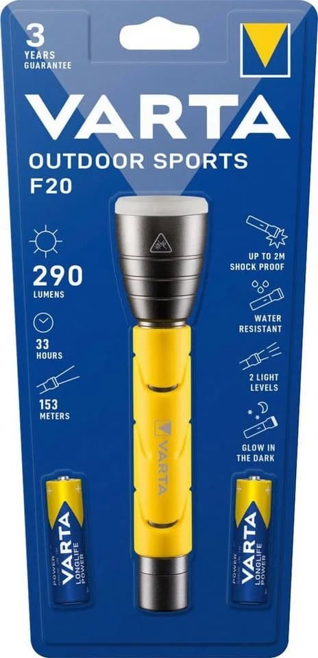VARTA Outdoor Sports Taschenlampe F20 LED inkl. 2x AA Batterien Gelb/Silber