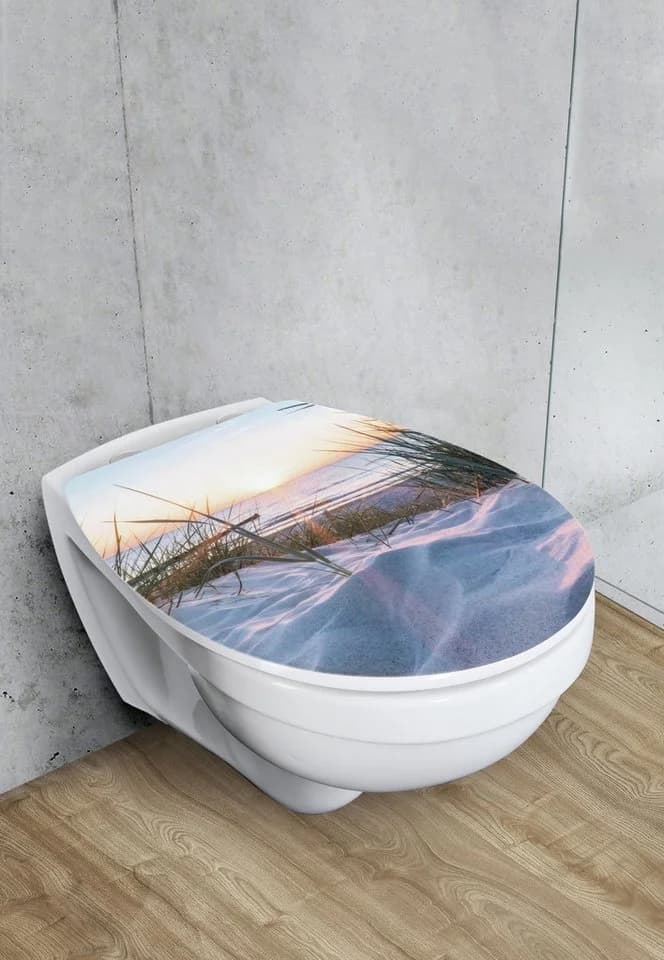 WENKO WC-Sitz Baltic glänzender Toilettensitz Thermoplast Strandmotiv Absenkautomatik