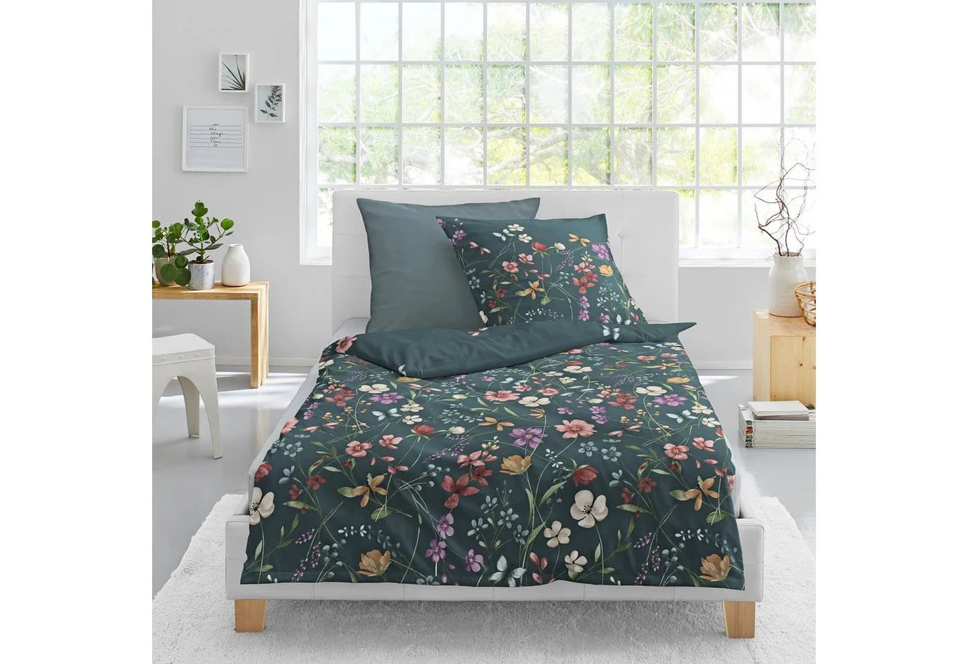 BIERBAUM Mako Satin Bettwäsche Jade-Grün Blumen 2-teilig