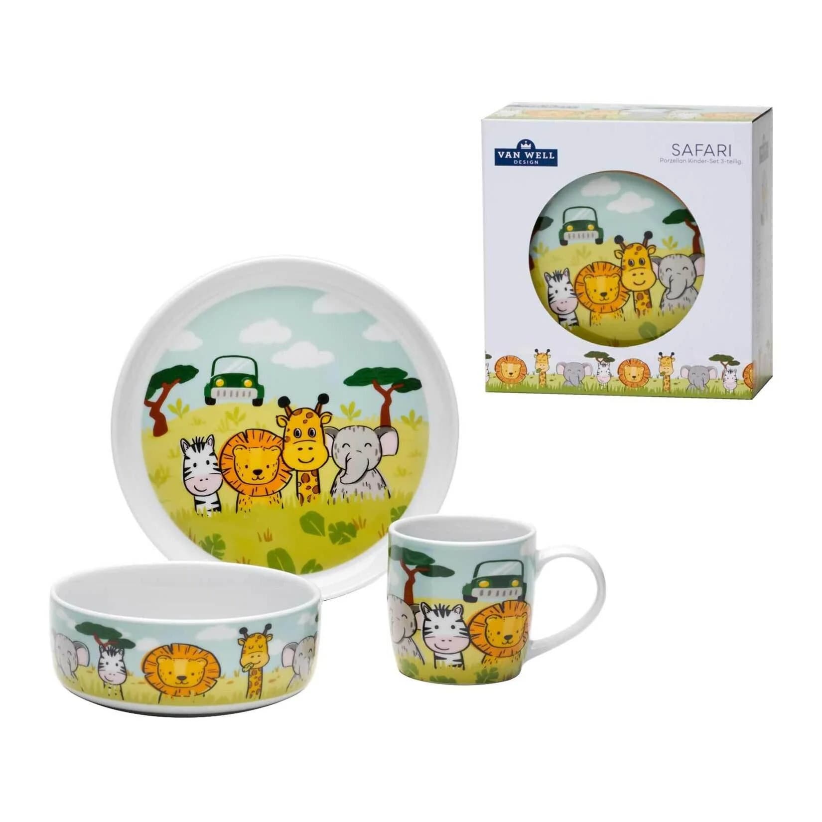 Van Well Kindergeschirr-Set Safari 3-teilig Porzellan Bunt