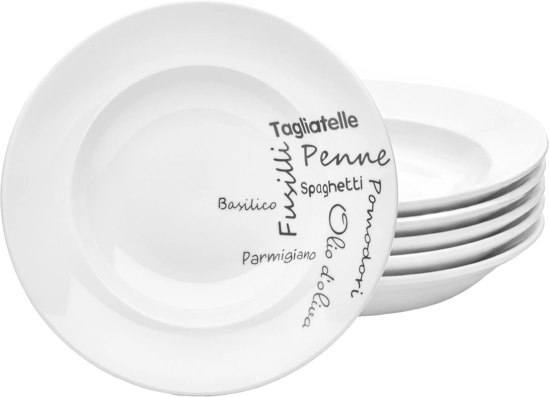 Van Well Pastateller Set 6-tlg. Weiß/Grau Porzellan Typografie