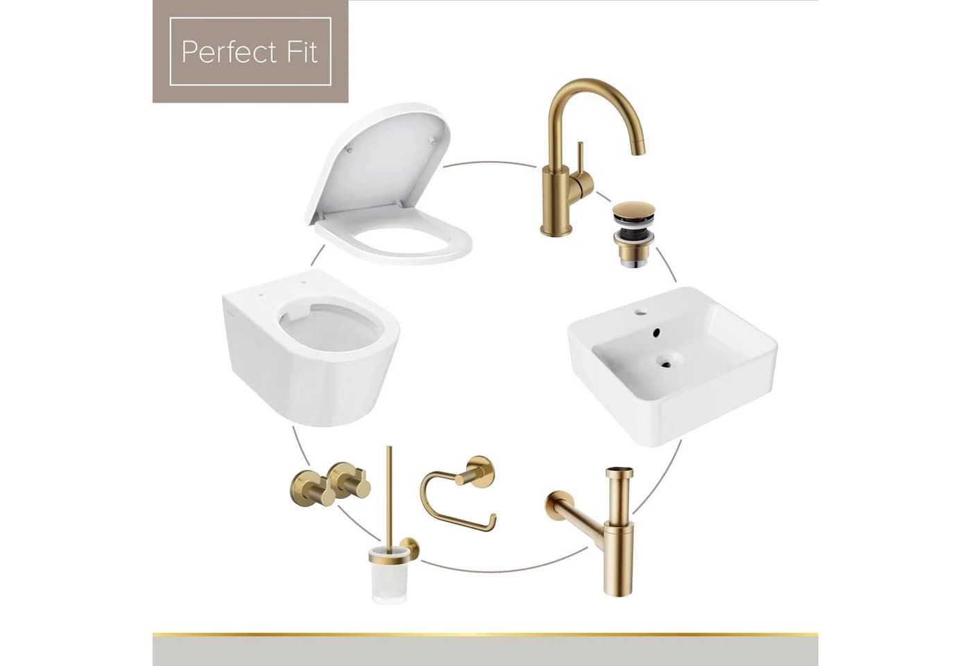 Lenz WC-Komplettset PERFECT FIT Wandhängend mit Waschbecken und Armatur Gold