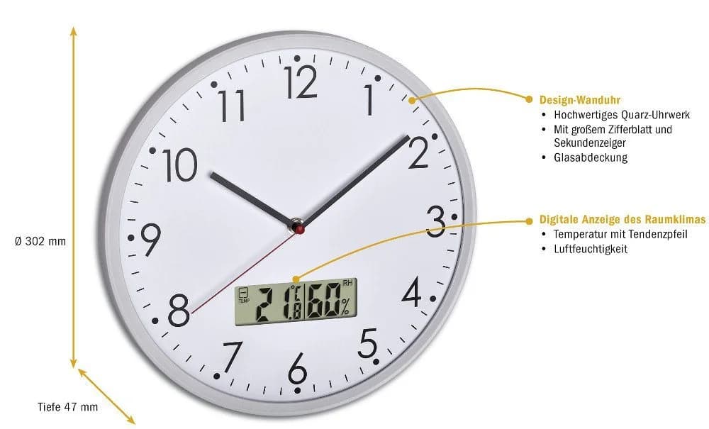 TFA Dostmann Wanduhr Analog mit Temperatur und Luftfeuchte