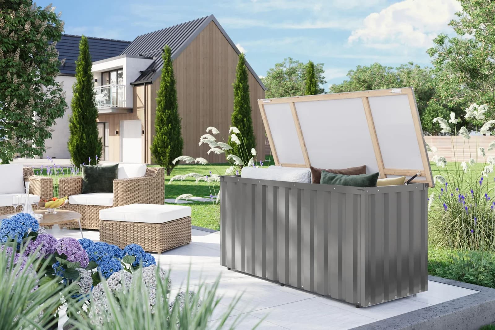 Aufbewahrungsbox aus Metall und Leimholz