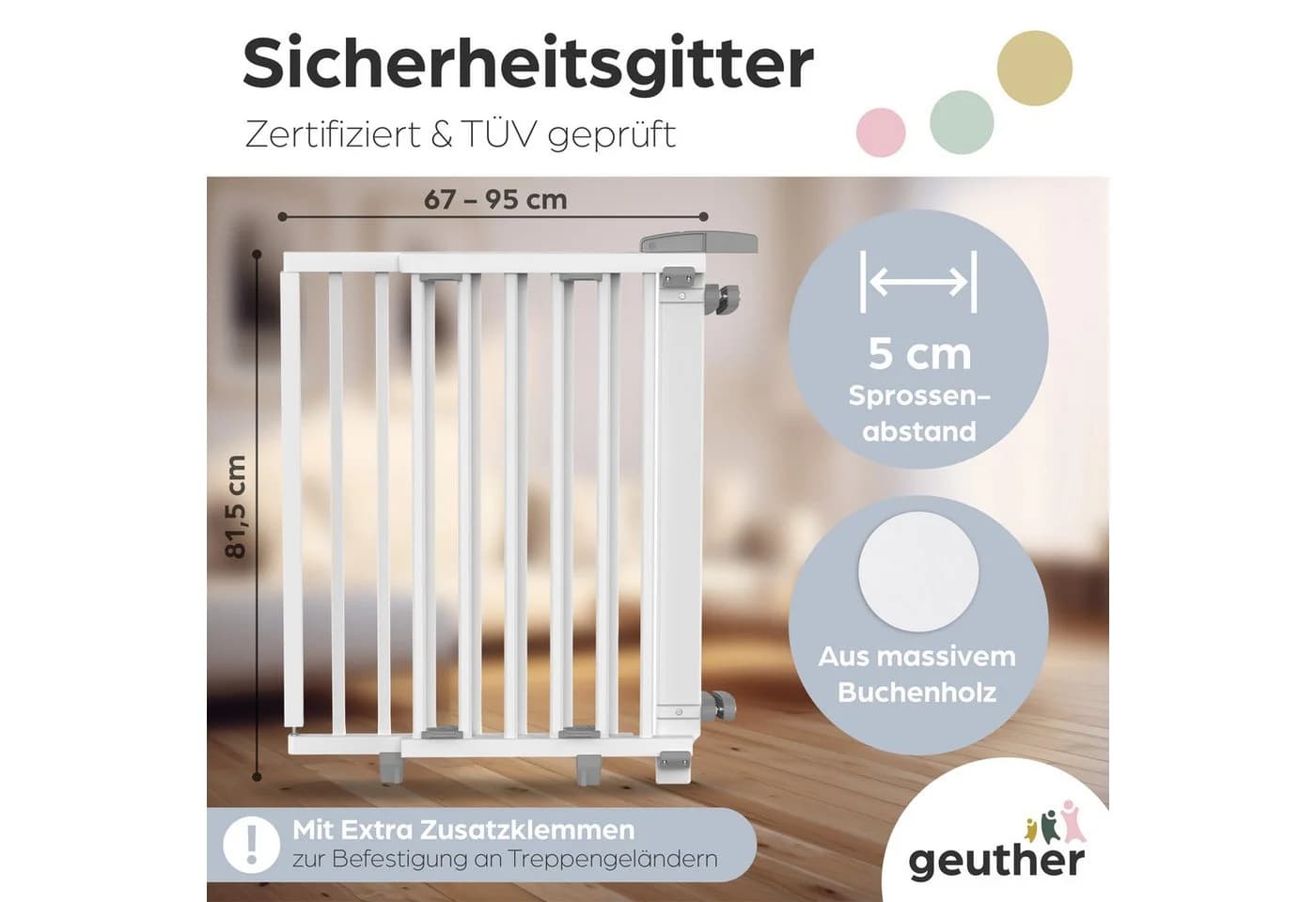Geuther Treppenschutzgitter Oris zum Bohren 67-135 cm Weiß