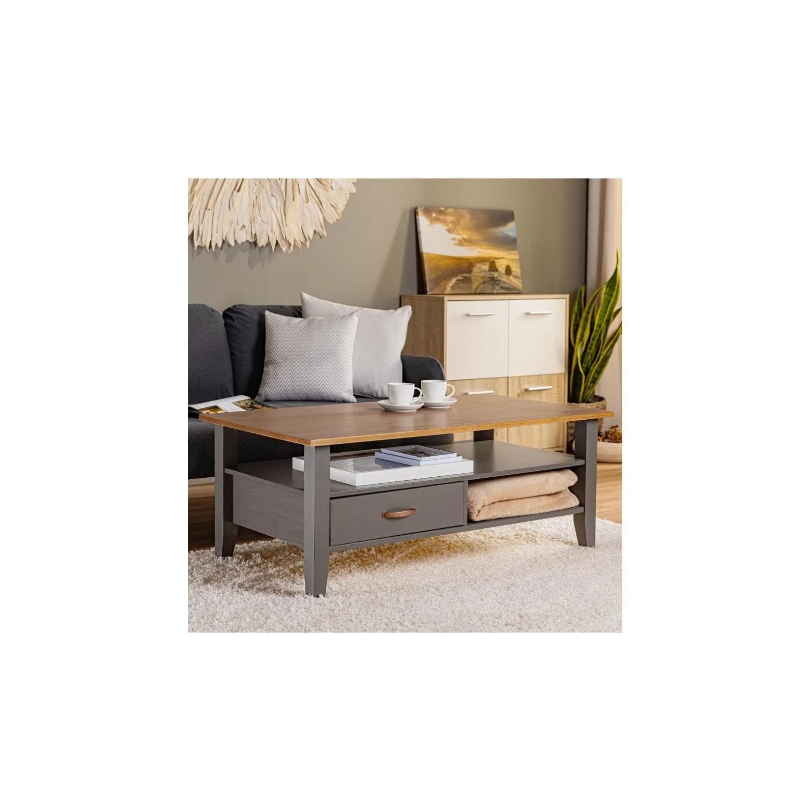 Inter Link Couchtisch Massivholz Landhausstil Braun/Grau