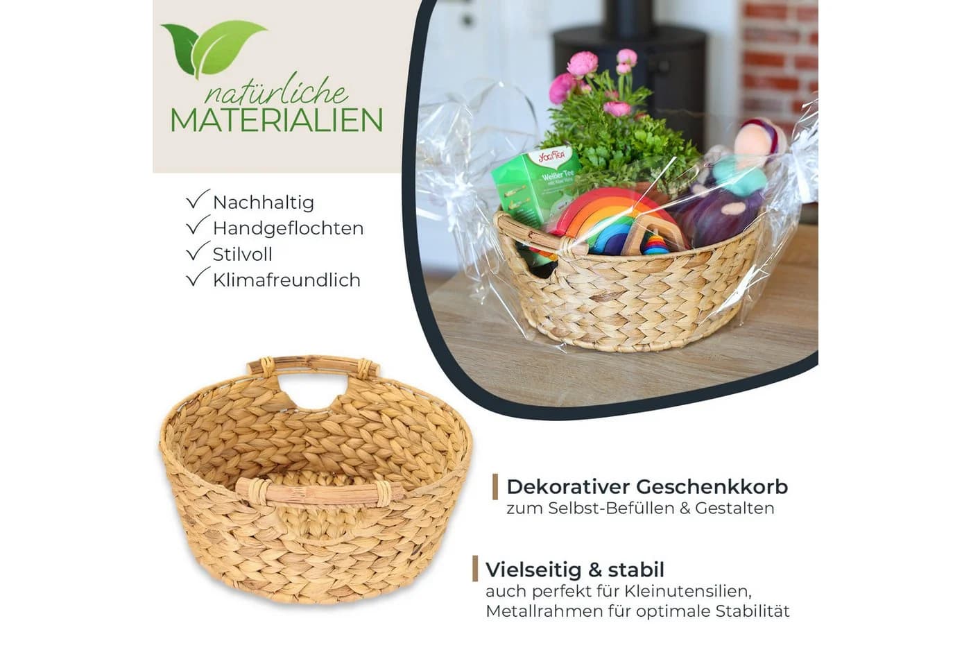 Aufbewahrungskorb aus Wasserhyazinthe und Holz, Natur, 30x12x30 cm