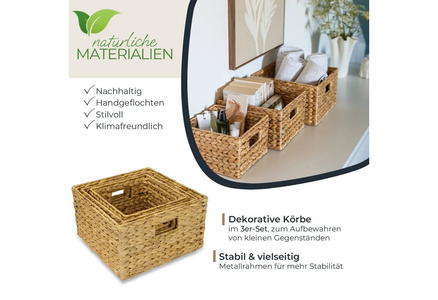 HMF Aufbewahrungskorb-Set aus Wasserhyazinthe mit Griffen (3 St)