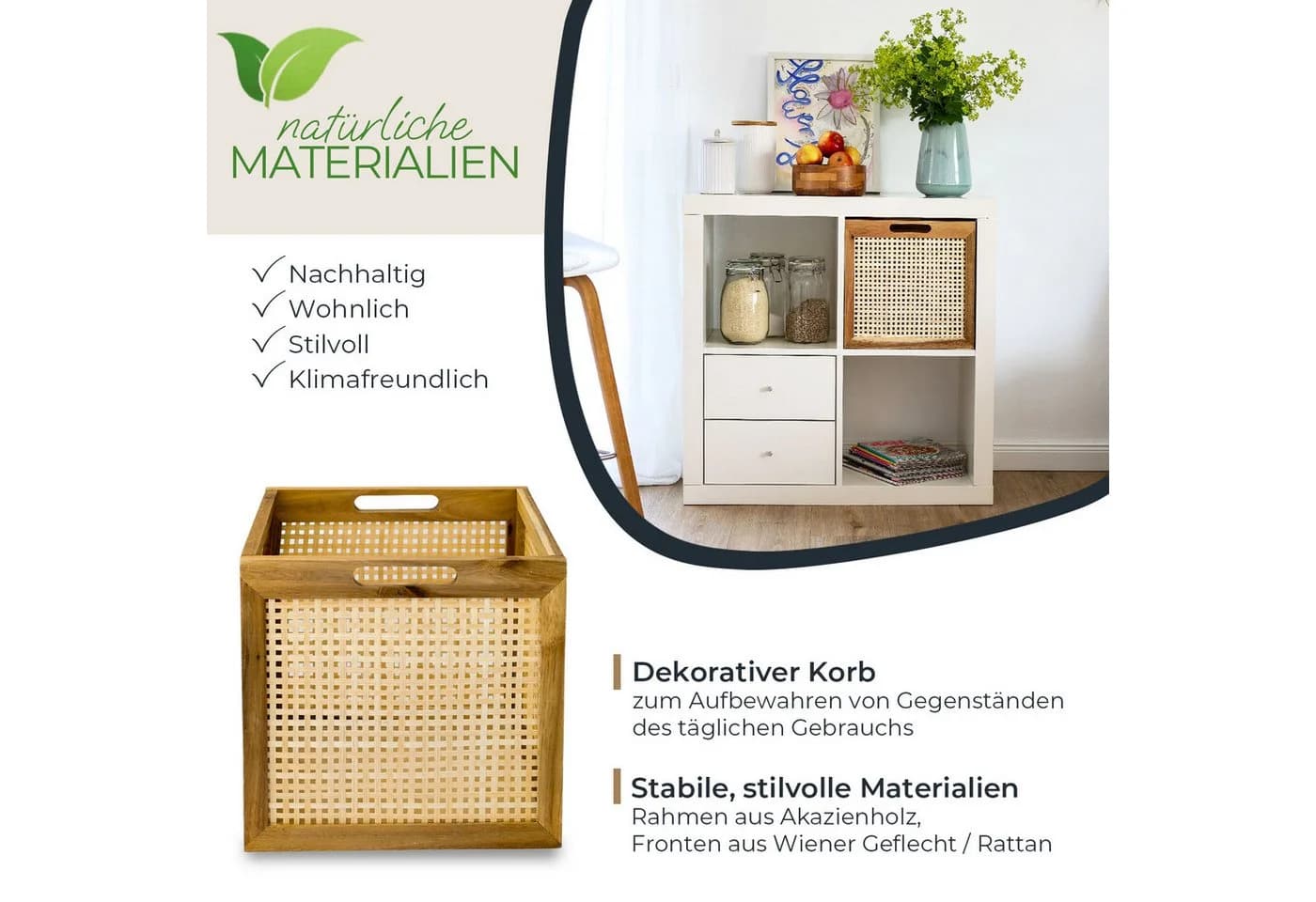 HMF Regalkorb Aufbewahrungskorb Wiener Geflecht Rattan Akazienholz Natur
