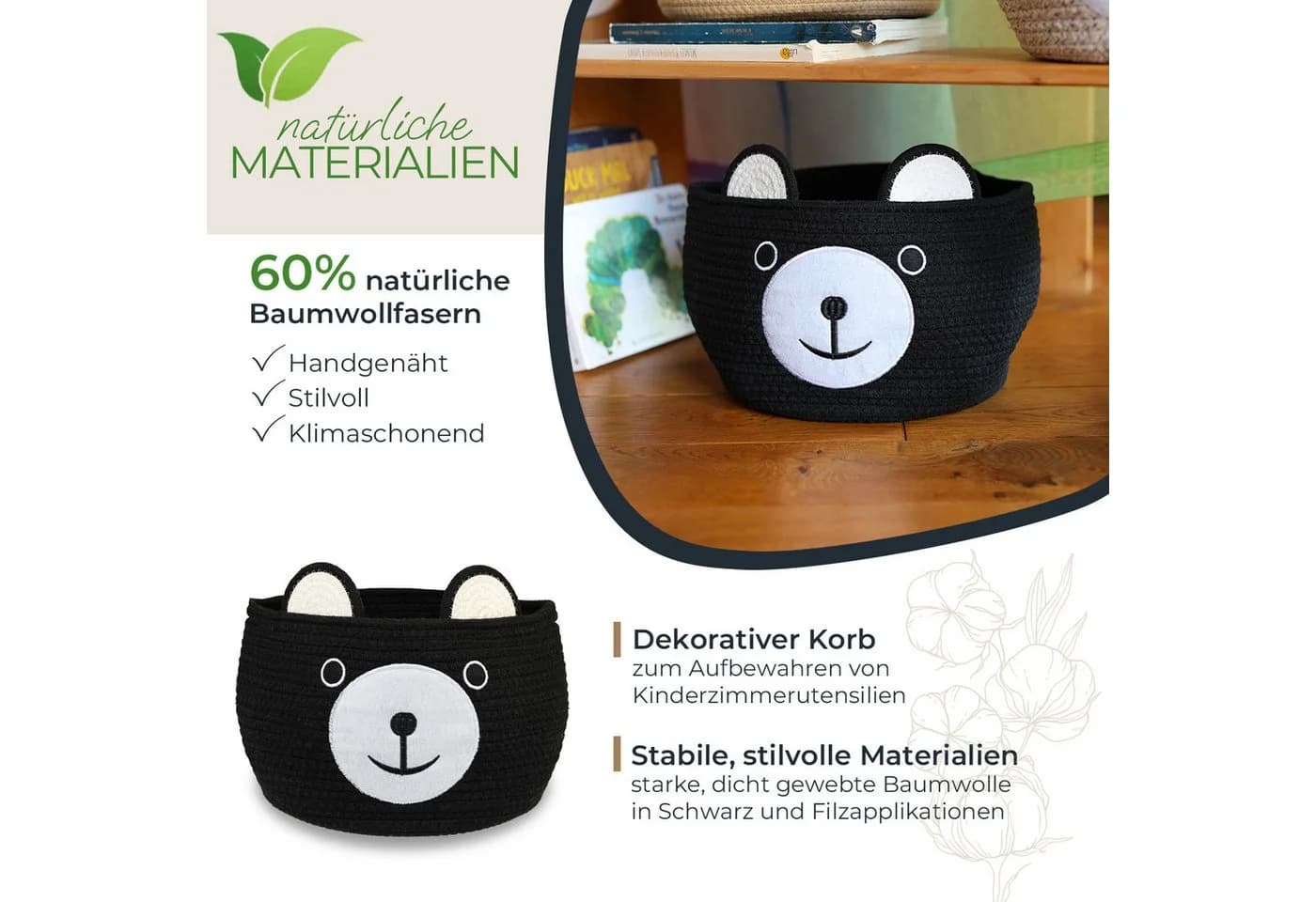 HMF Aufbewahrungskorb Bär Schwarz mit versteckten Griffen