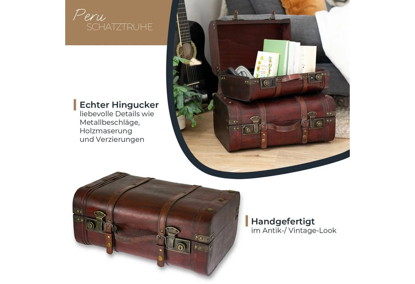 HMF Schatztruhe Peru Vintage Holztruhe mit Schnappverschlüssen