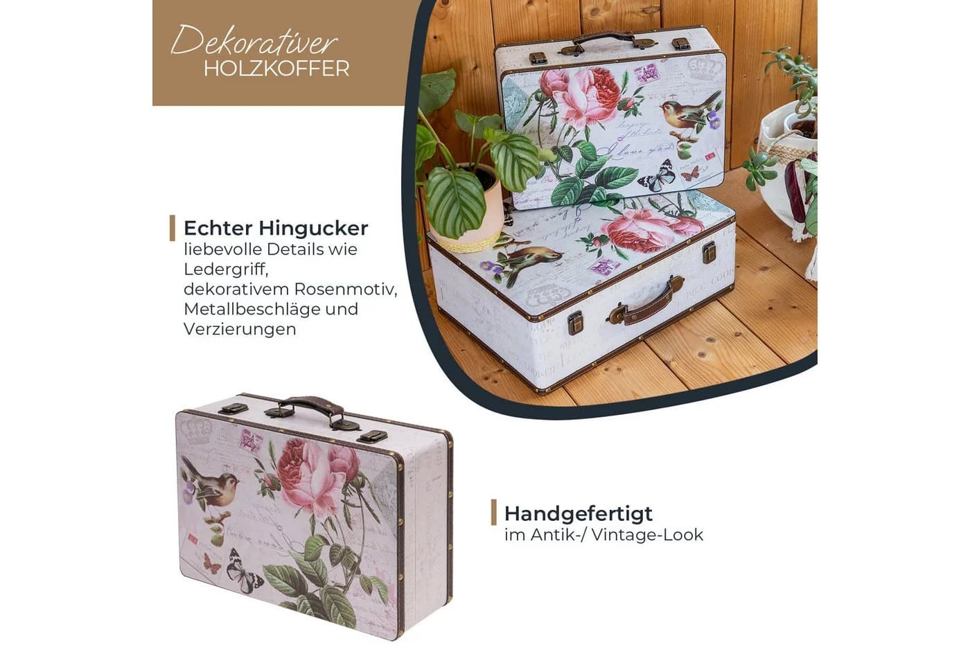 HMF Vintage Holzkoffer Aufbewahrungsbox Deko Rose Design