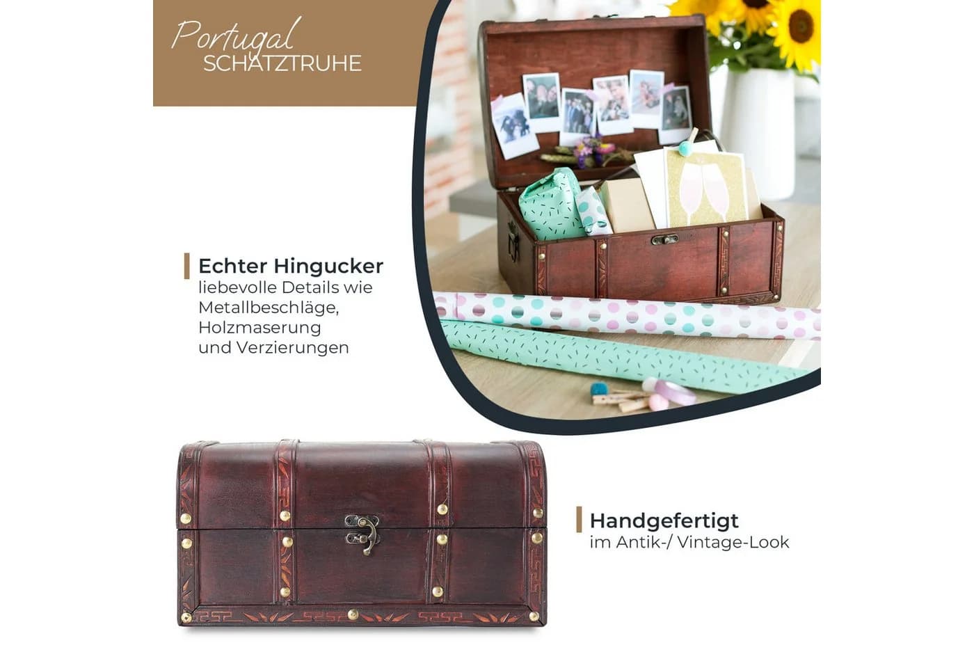 HMF Schatzkiste Portugal 3er-Set Handgefertigte Holztruhe Braun Antik-Look