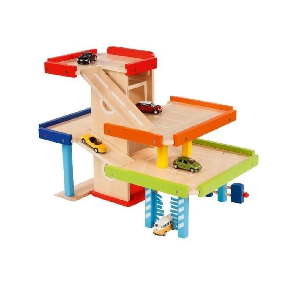 goki Spiel-Parkhaus aus Holz mit Zapfsäulen und Waschanlage