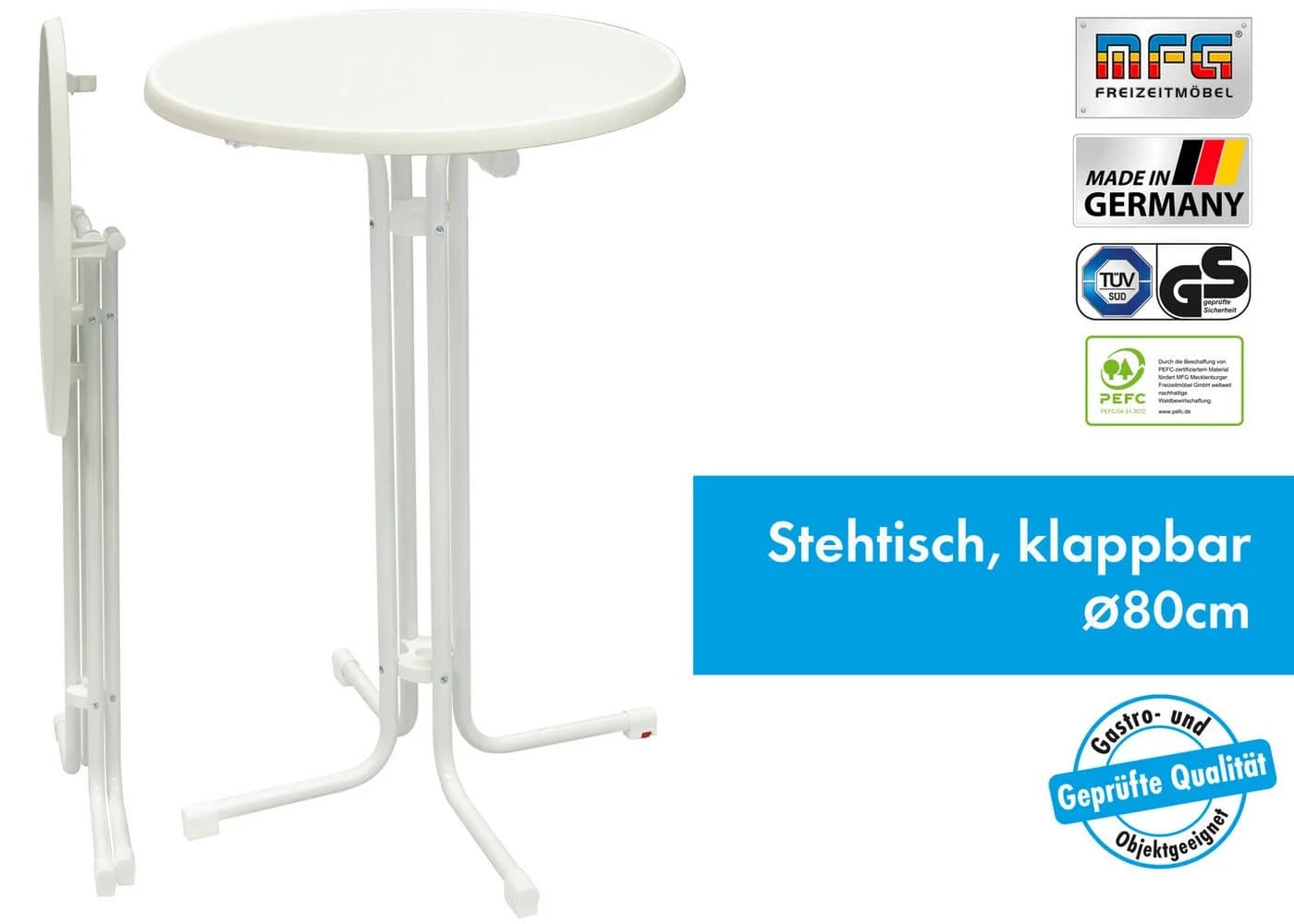 MFG Freizeitmöbel Stehtisch 80 cm klappbar weiß