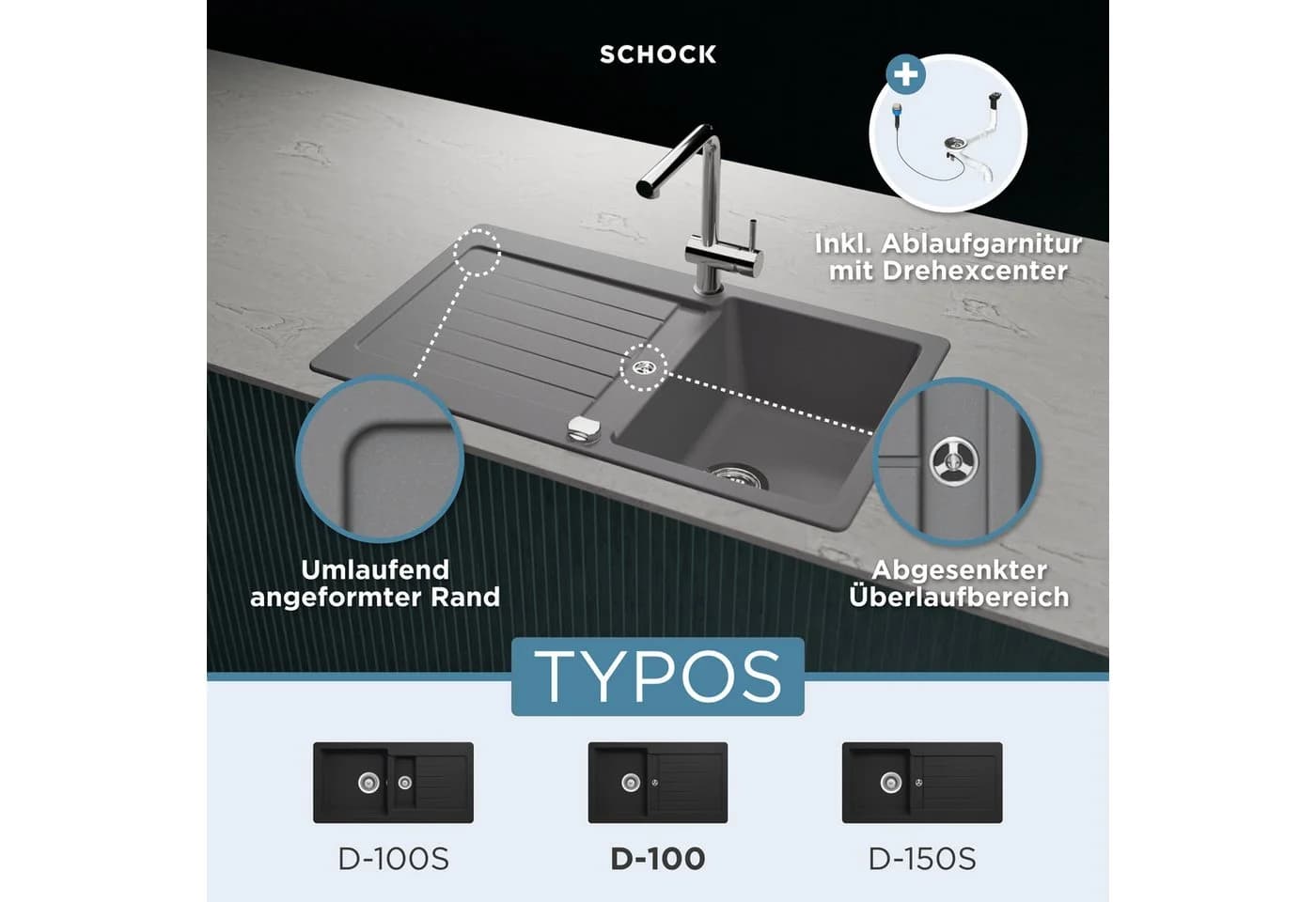 Schock Granitspüle Typos D-100 Rechteckig Grau Domogranit