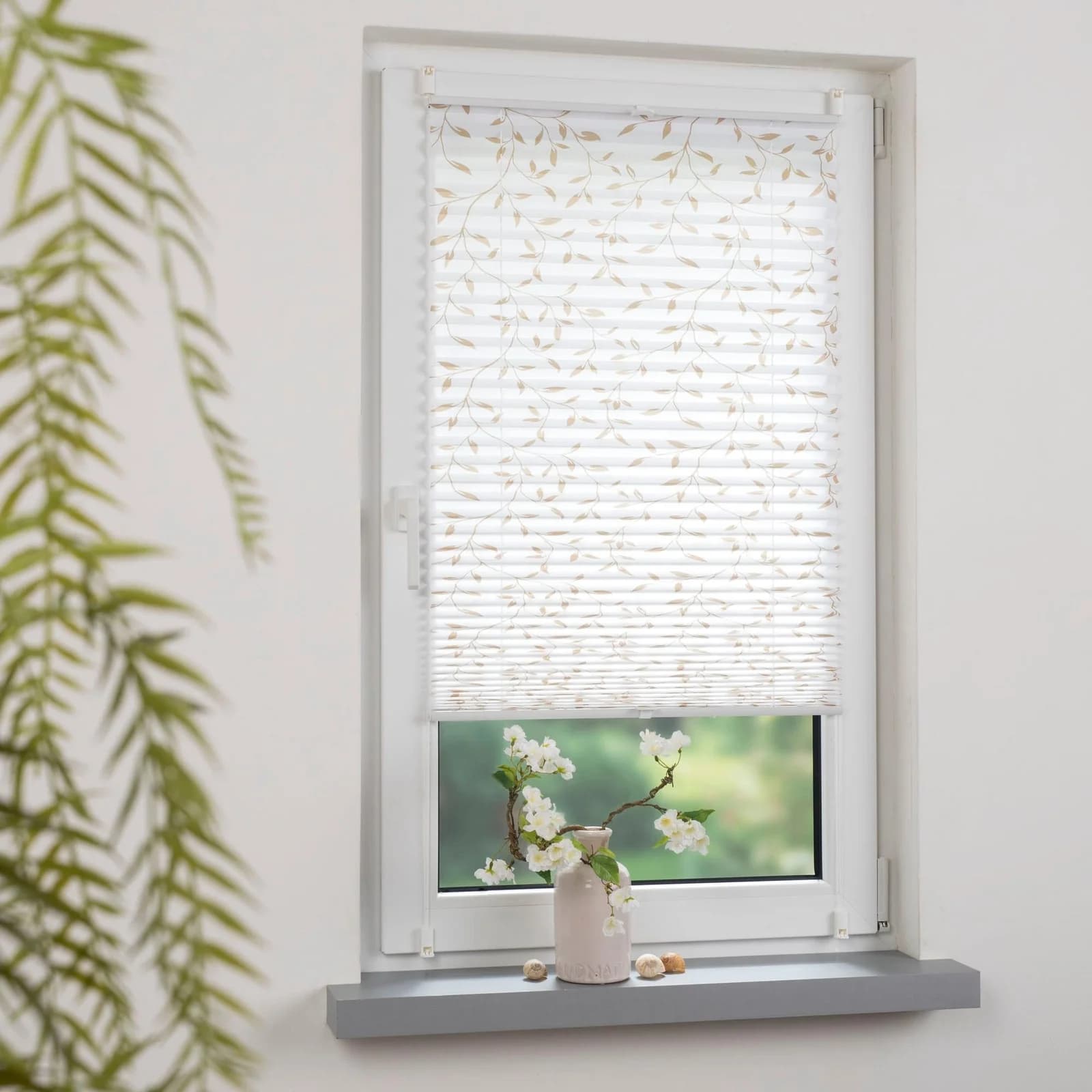 LIEDECO Klemmfix-Plissee verspannt Blattmotiv Weiß Beige