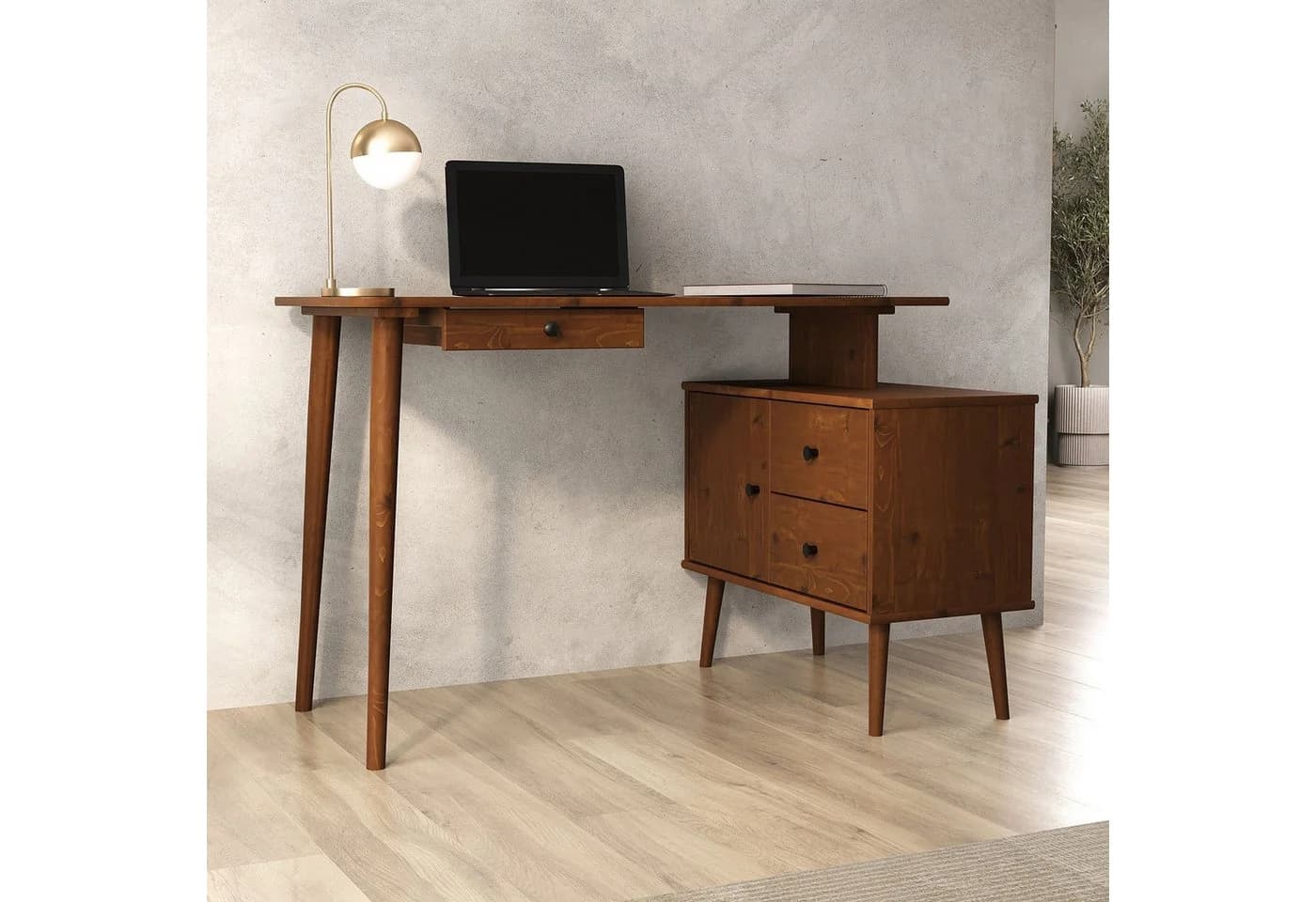 IDIMEX Schreibtisch ANGOLO Massivholz mit Stauraum Kastanie Finish