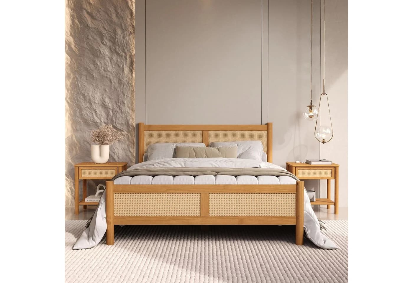 IDIMEX Massivholzbett CEFIRA Doppelbett 160x200 cm Massivholz Rattangeflecht Eiche