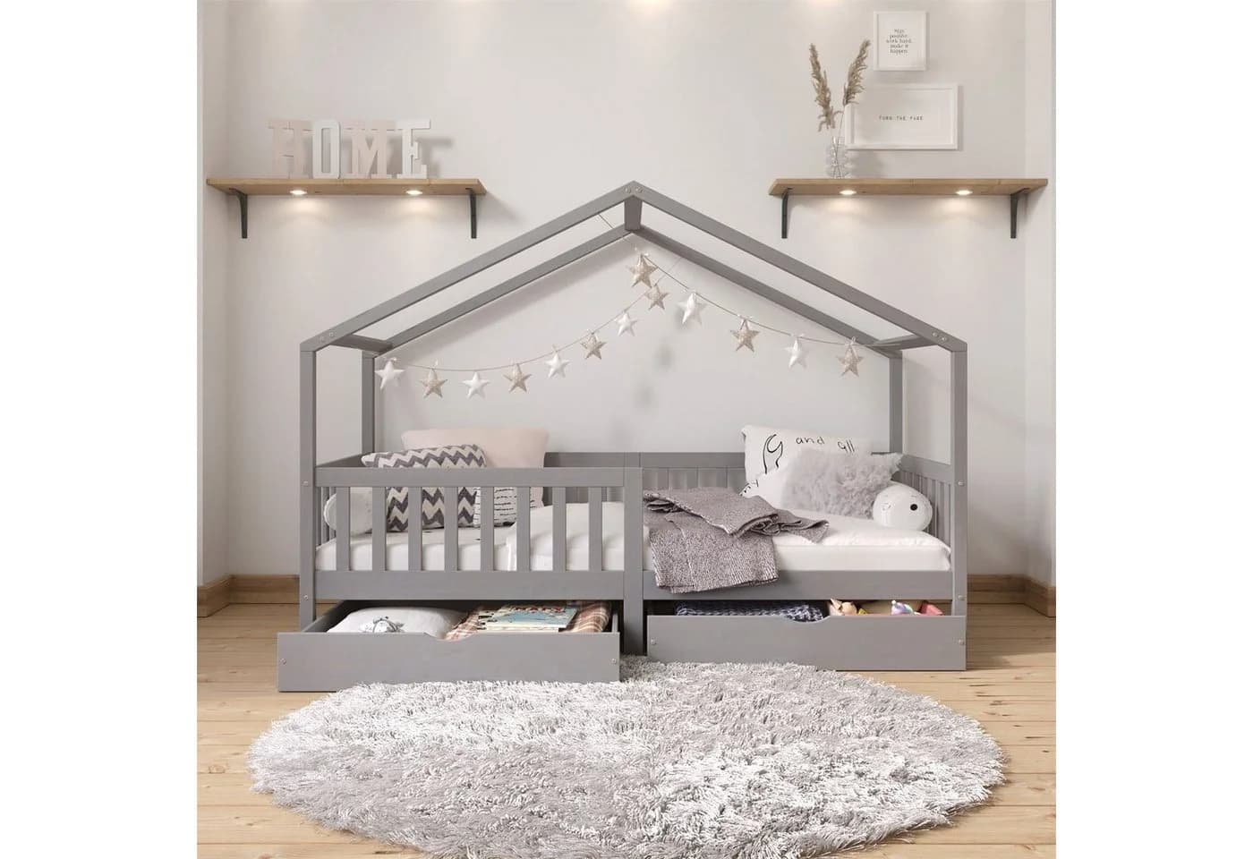 IDIMEX Kinderbett ELEA Hausbett Grau Massivholz Schubladen