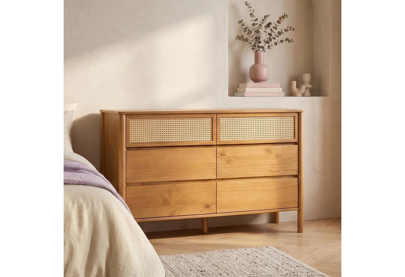 IDIMEX Kommode CEFIRA Massivholz 6 Schubladen Rattan Eiche Finish