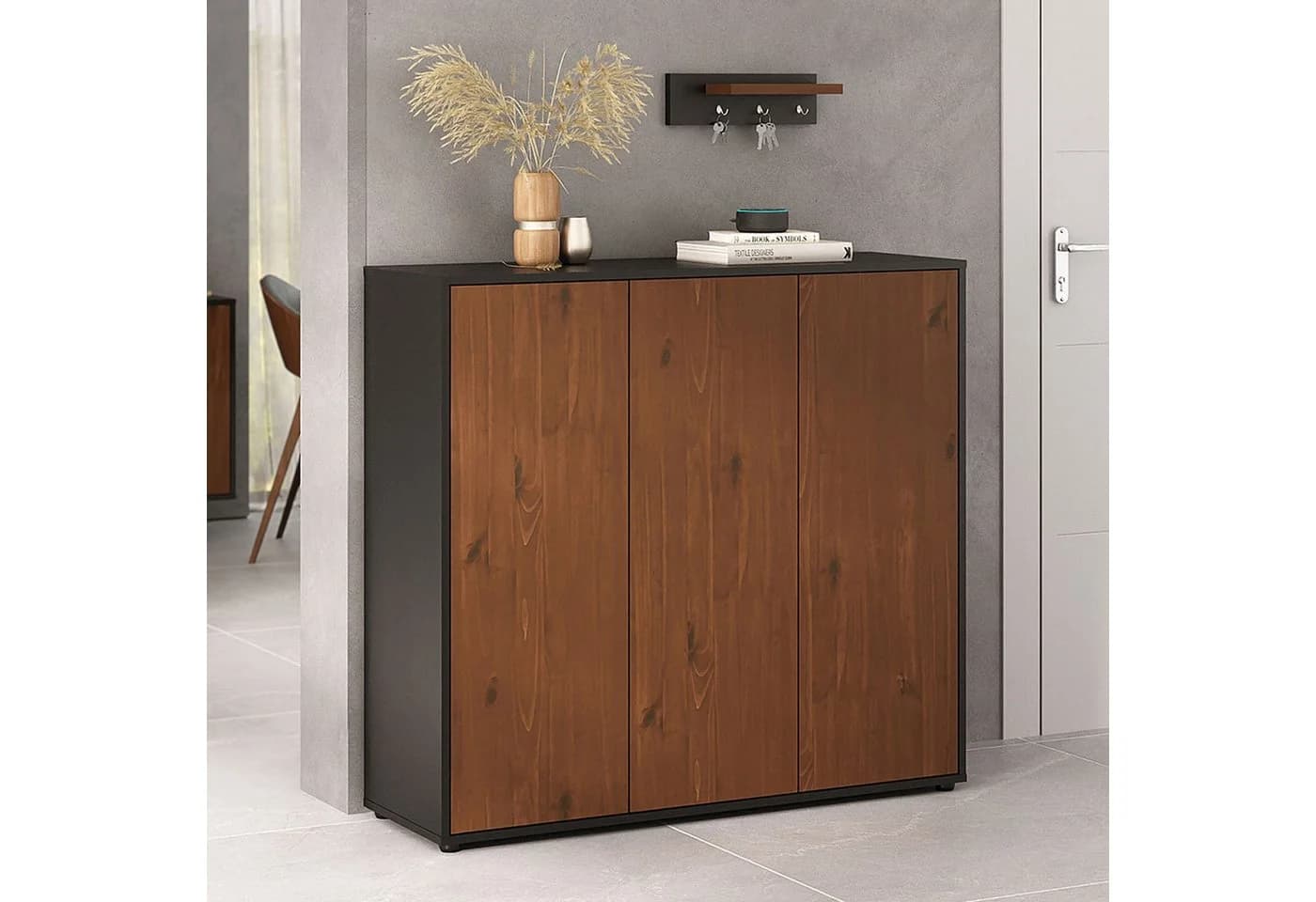 IDIMEX Schuhschrank MIRAN 3 Türen Schwarz/Kastanie Finish