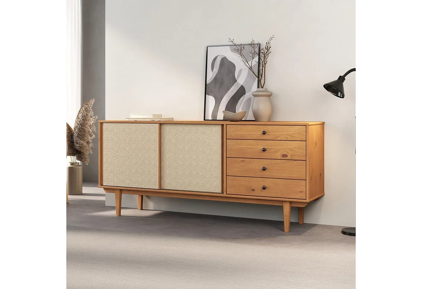 IDIMEX Sideboard SIMONA mit Rattan & 4 Schubladen Eiche-Optik