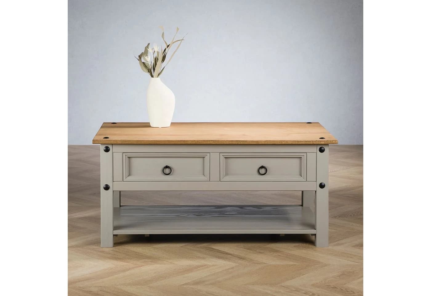IDIMEX Couchtisch RAMON Grau/Braun Kiefer massiv mit Schubladen