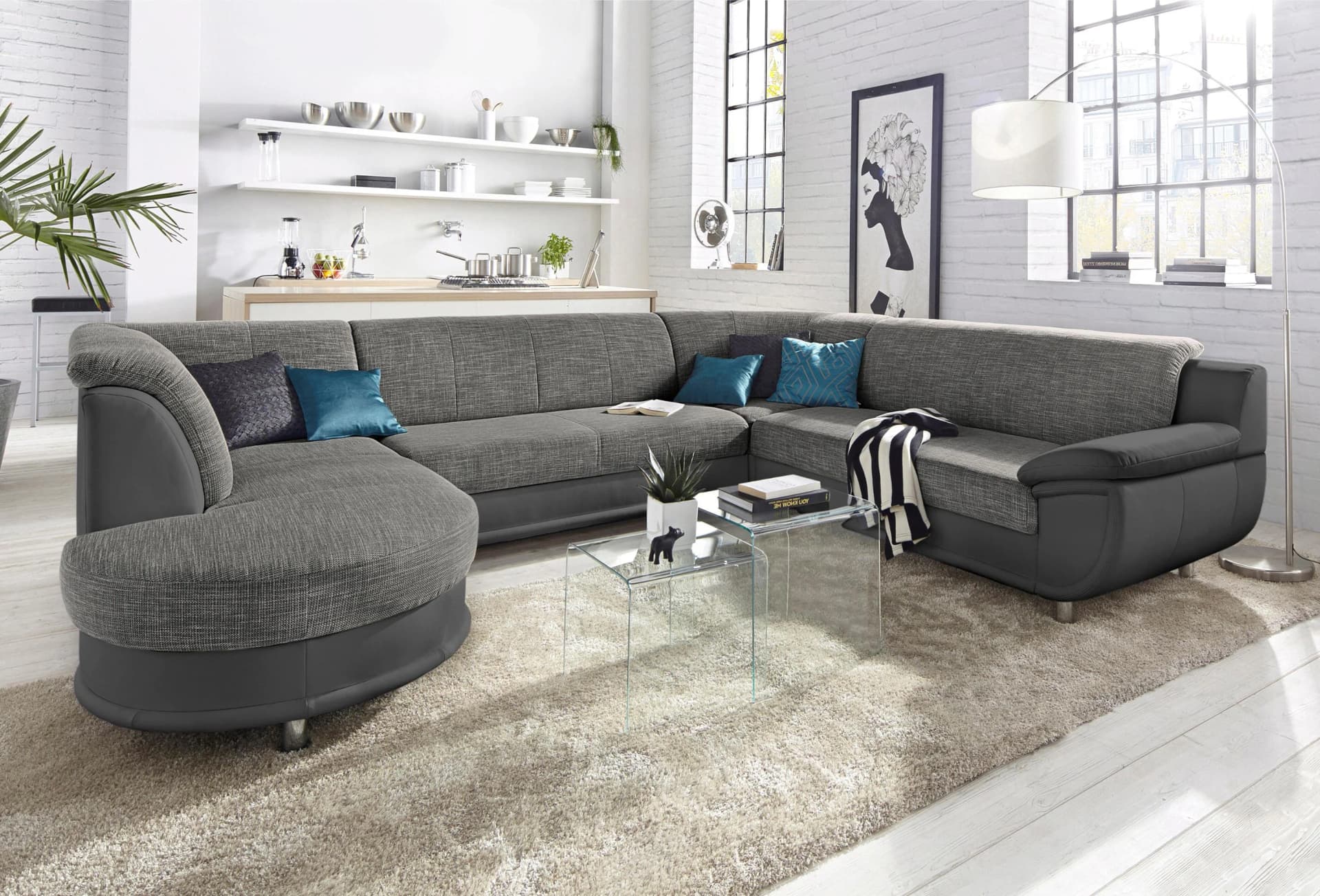 Trendmanufaktur Wohnlandschaft Rondo 3 U-Form Kunstleder Grau
