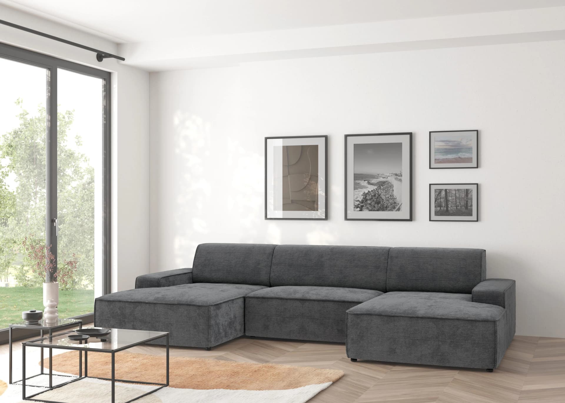 Trendmanufaktur Wohnlandschaft Graz U-Form Grau mit Sitzvorschub und Bettkasten