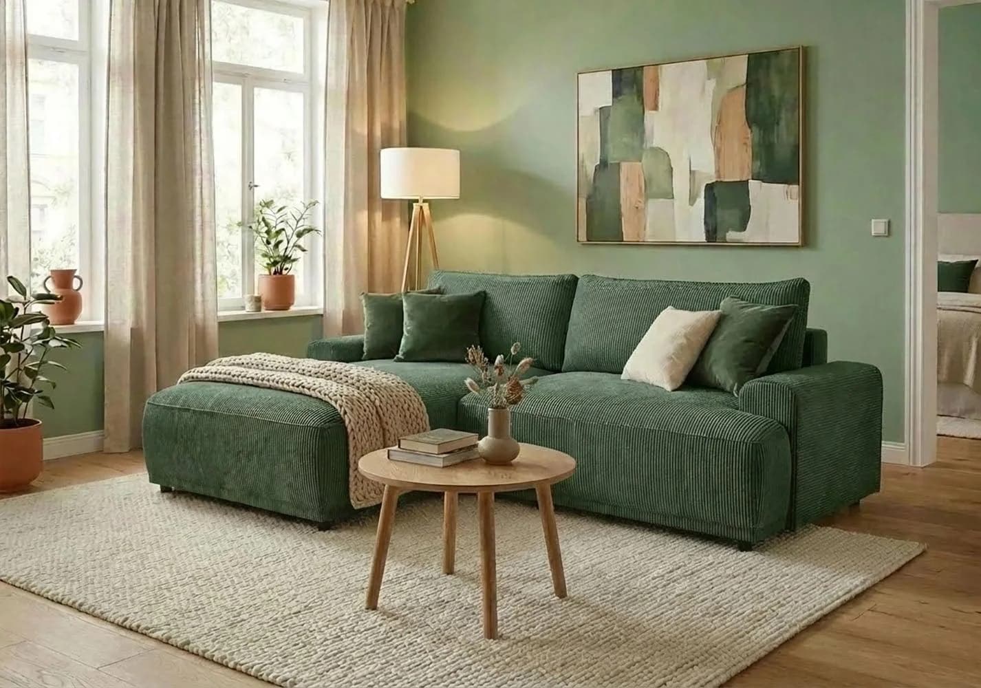 TRENDMANUFAKTUR Ecksofa Fordon L-Form mit Bettkasten Dunkelgrün Cordstoff