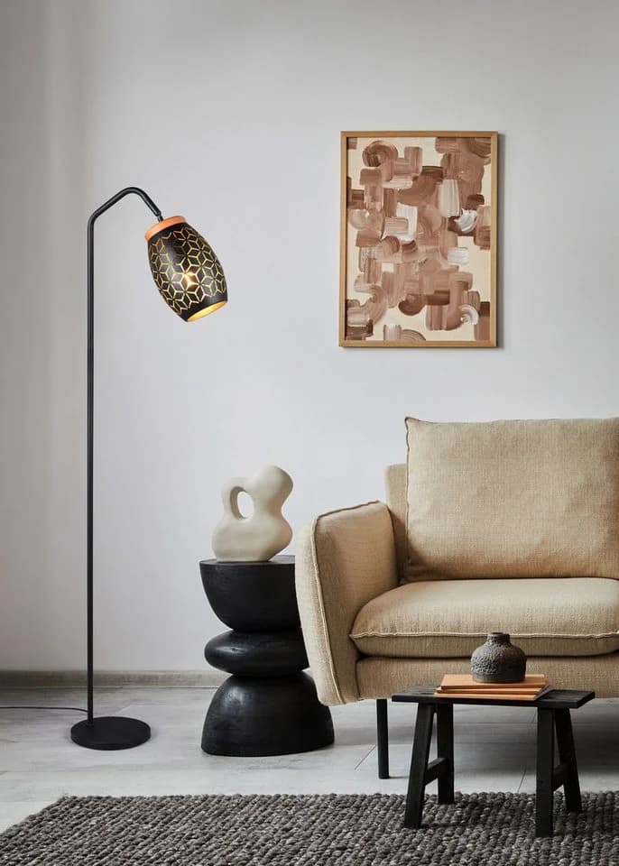 Reality Leuchten Stehlampe BIDAR 147 cm Schwarz/Gold Metall-Lampenschirm